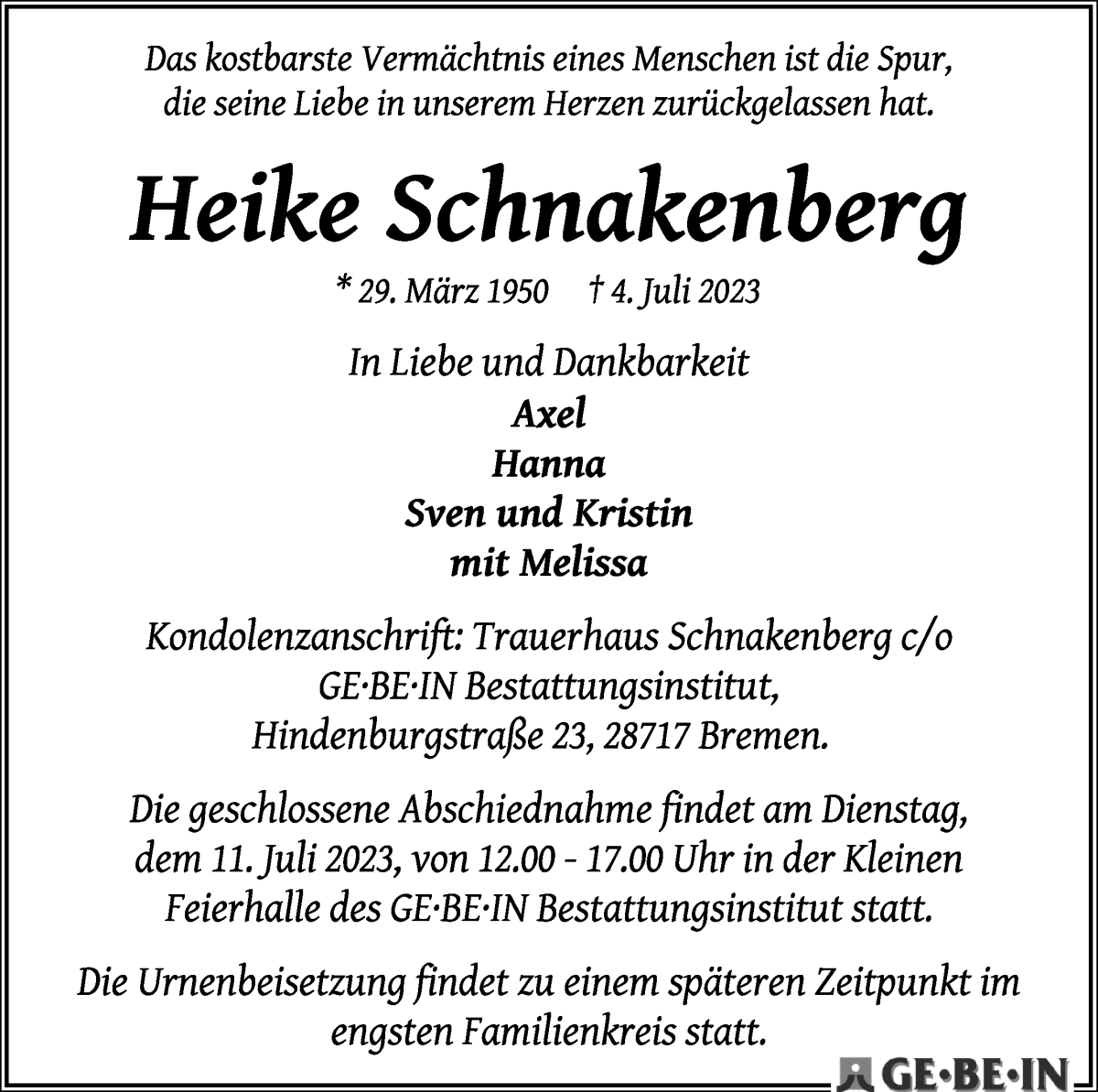 Traueranzeige von Heike Schnakenberg von WESER-KURIER
