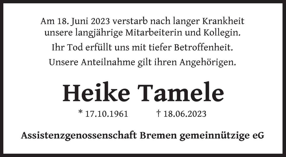 Traueranzeige von Heike Tamele von WESER-KURIER