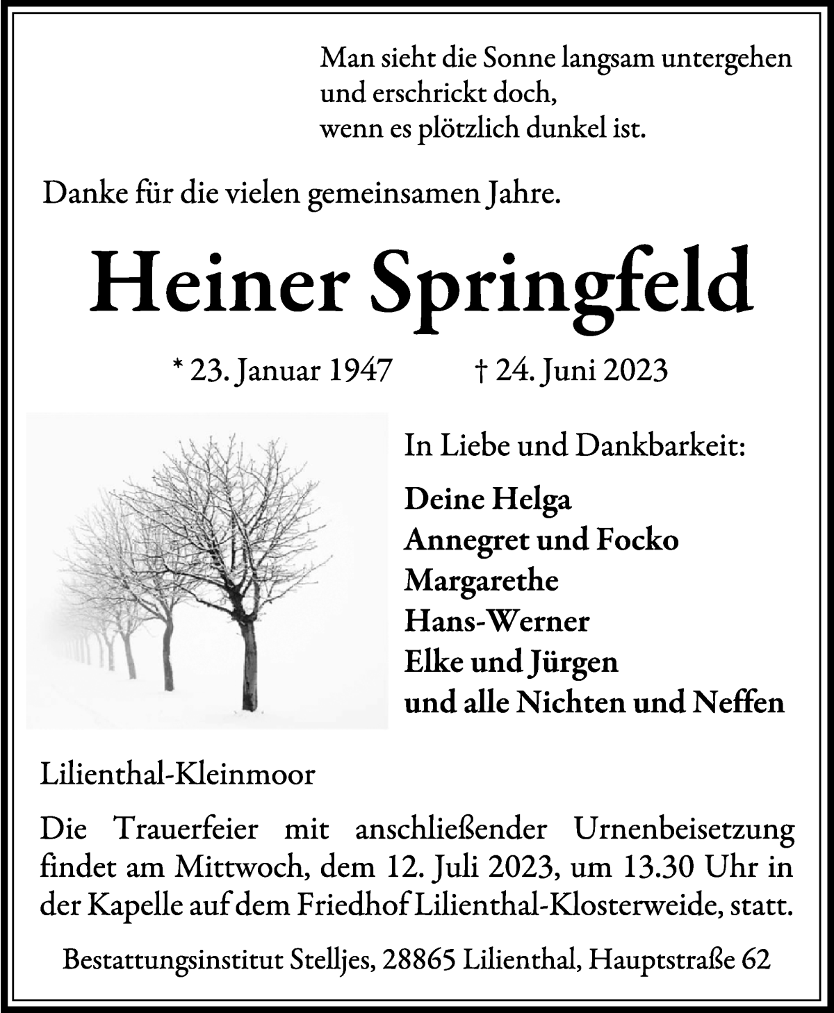 Traueranzeige von Heiner Springfeld von Wuemme Zeitung