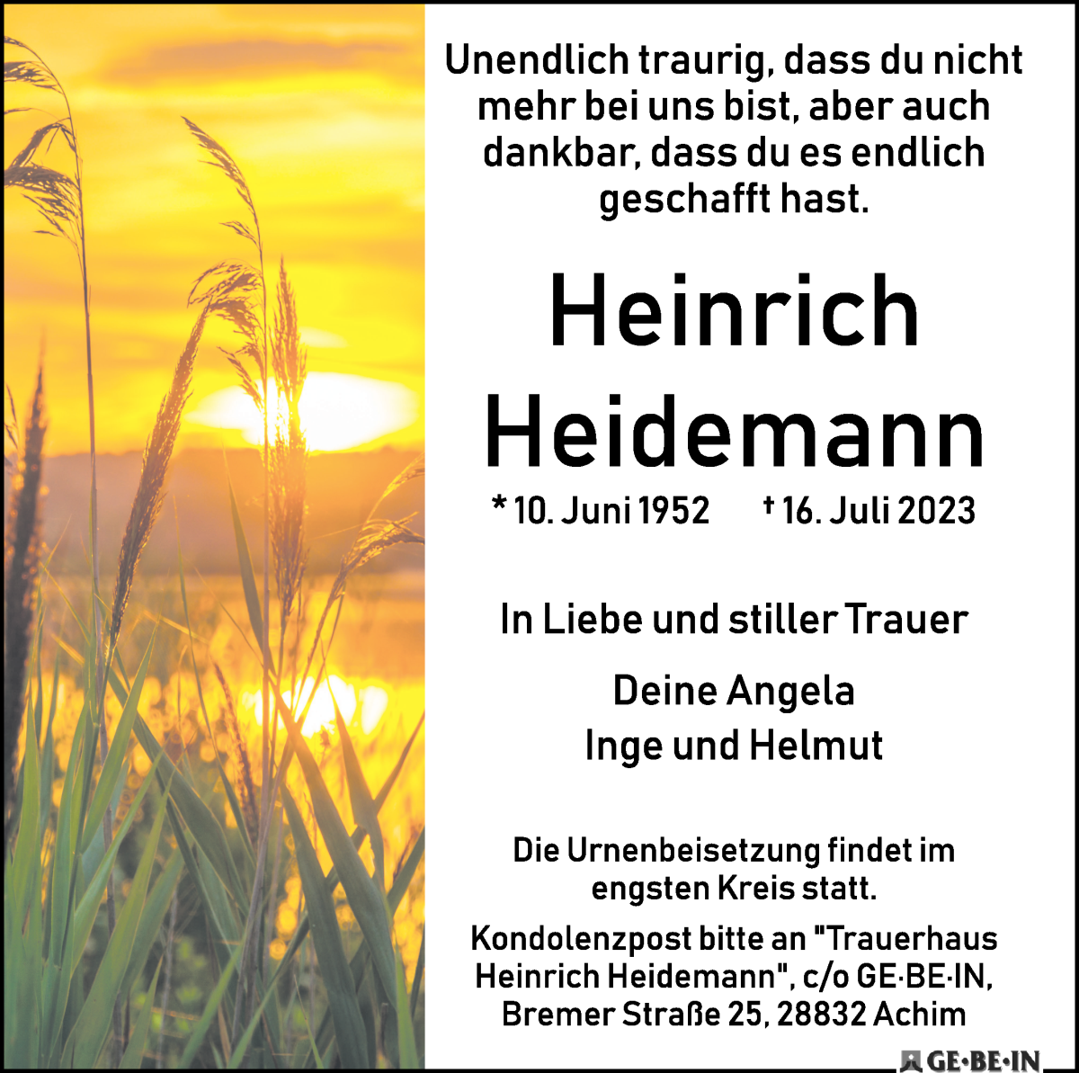 Traueranzeige von Heinrich Heidemann von Achimer Kurier/Verdener Nachrichten
