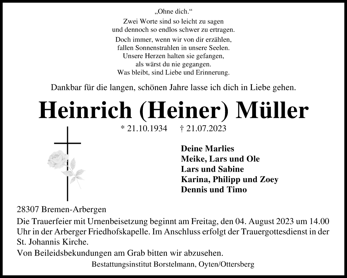 Traueranzeige von Heinrich Müller von WESER-KURIER