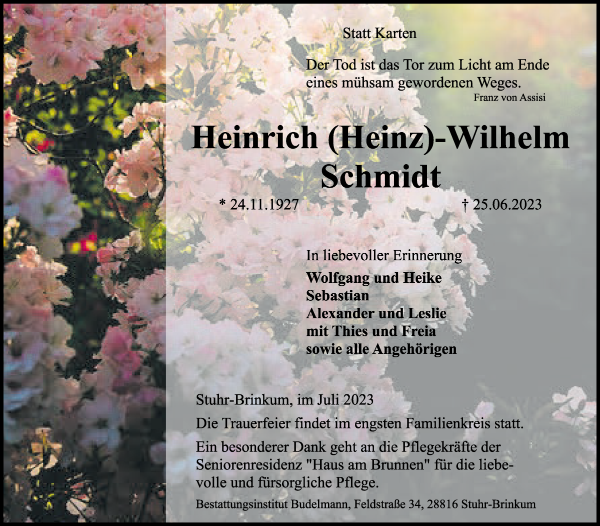 Traueranzeige von Heinrich Wilhelm Schmidt von Regionale Rundschau/Syker Kurier