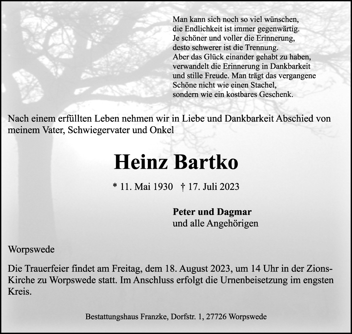 Traueranzeige von Heinz Bartko von Wuemme Zeitung