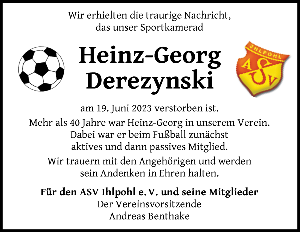 Traueranzeige von Heinz-Georg Derezynski von Die Norddeutsche