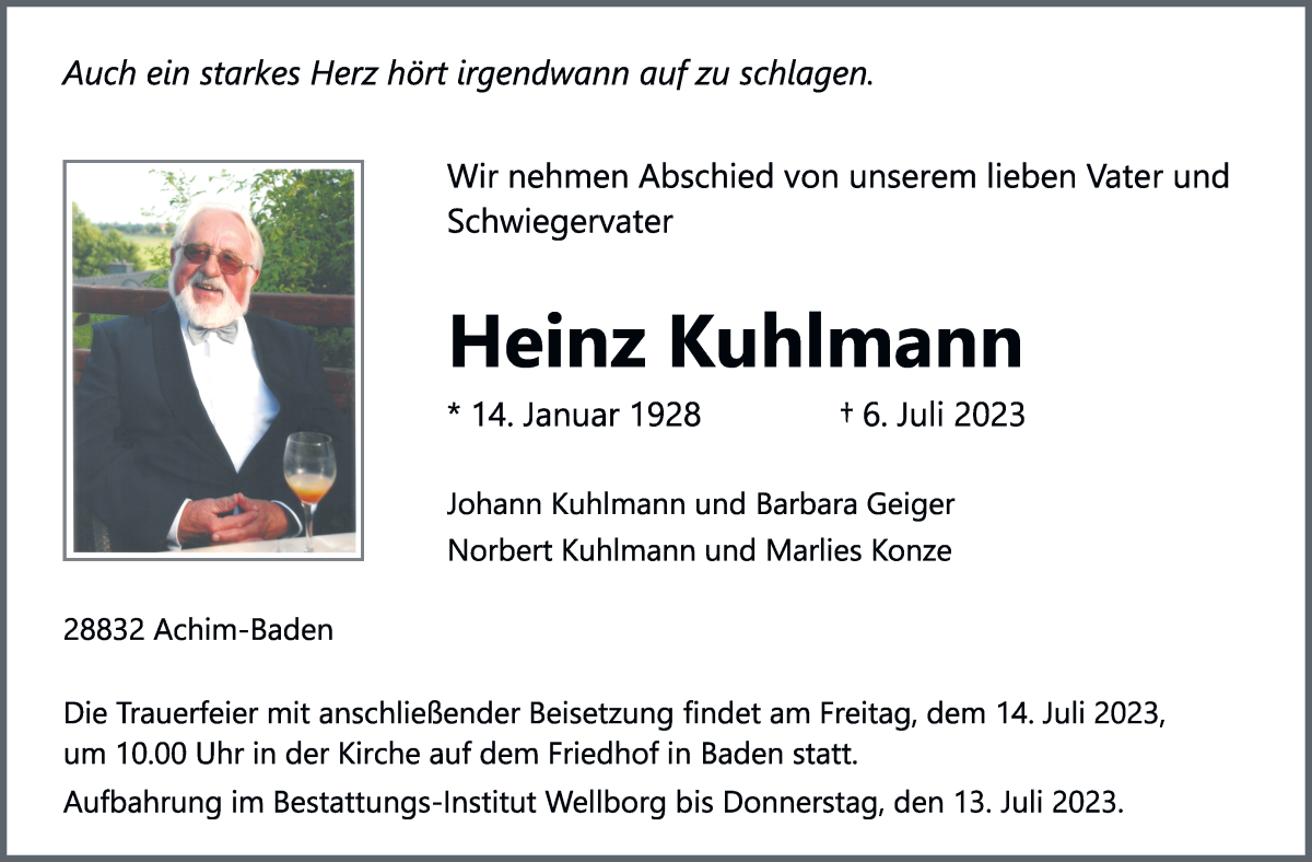 Traueranzeige von Heinz Kuhlmann von Achimer Kurier/Verdener Nachrichten