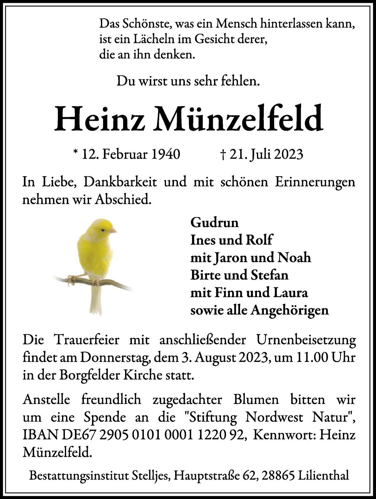 Traueranzeige von Heinz Münzelfeld von Wuemme Zeitung