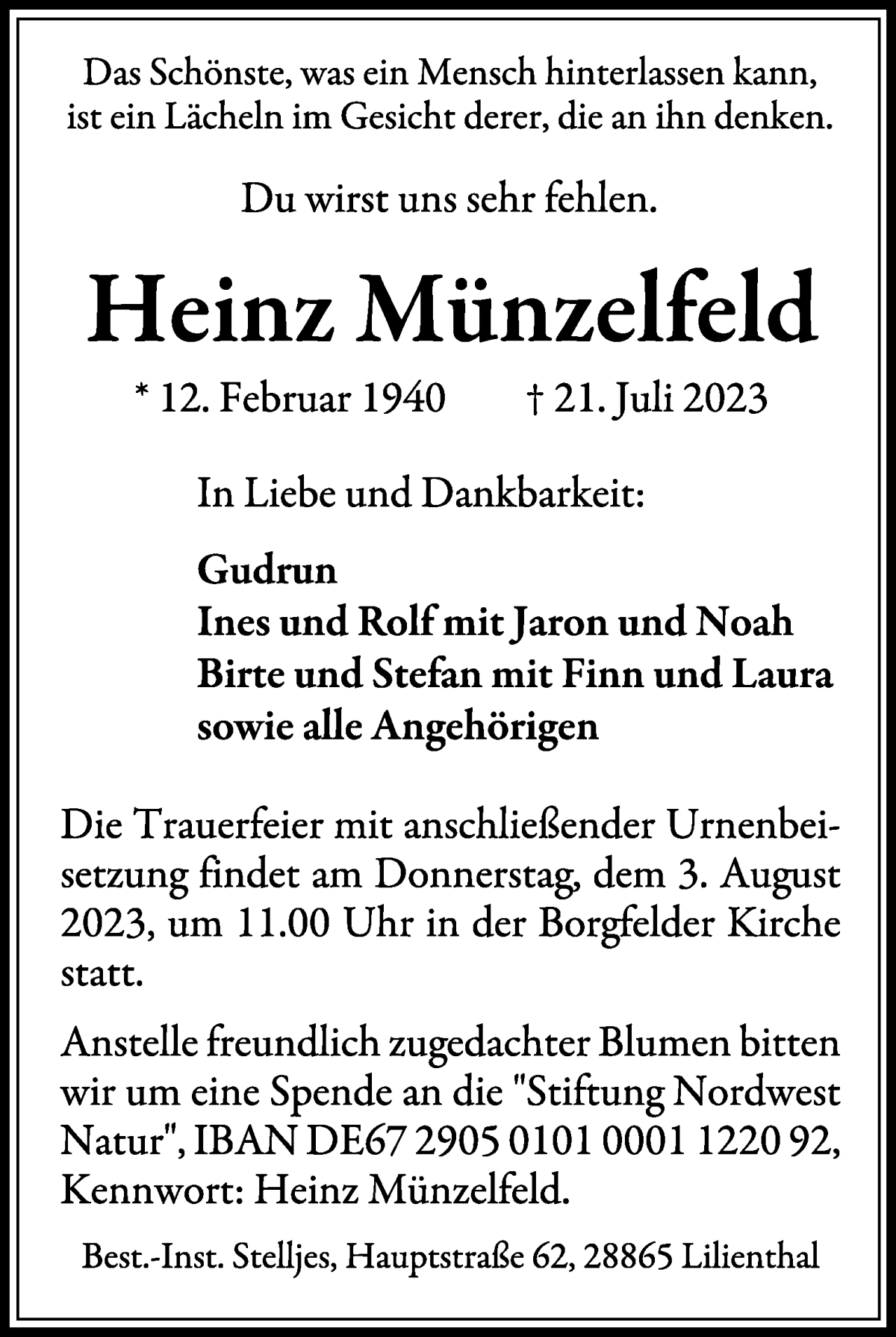 Traueranzeige von Heinz Münzelfeld von WESER-KURIER