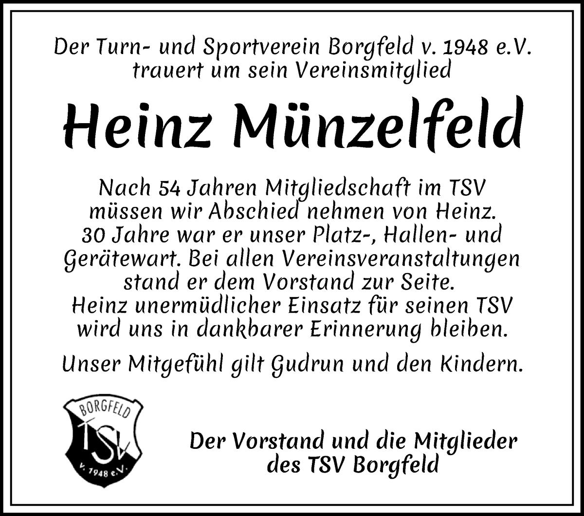Traueranzeige von Heinz Münzelfeld von Wuemme Zeitung