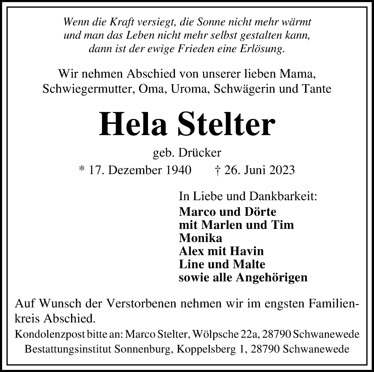 Traueranzeige von Hela Stelter von Die Norddeutsche