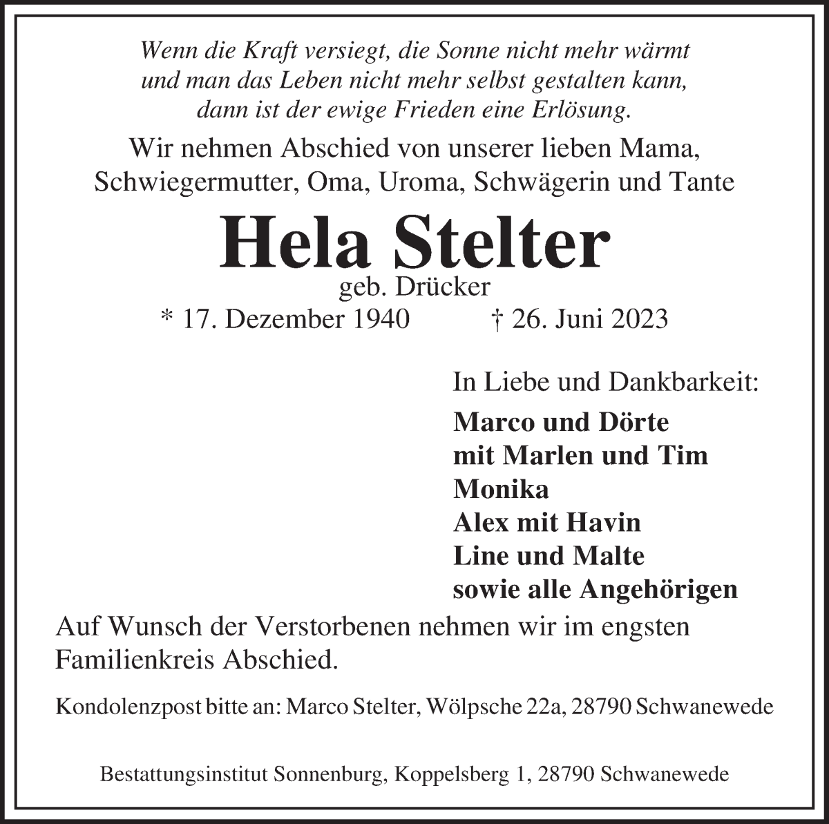 Traueranzeige von Hela Stelter von WESER-KURIER