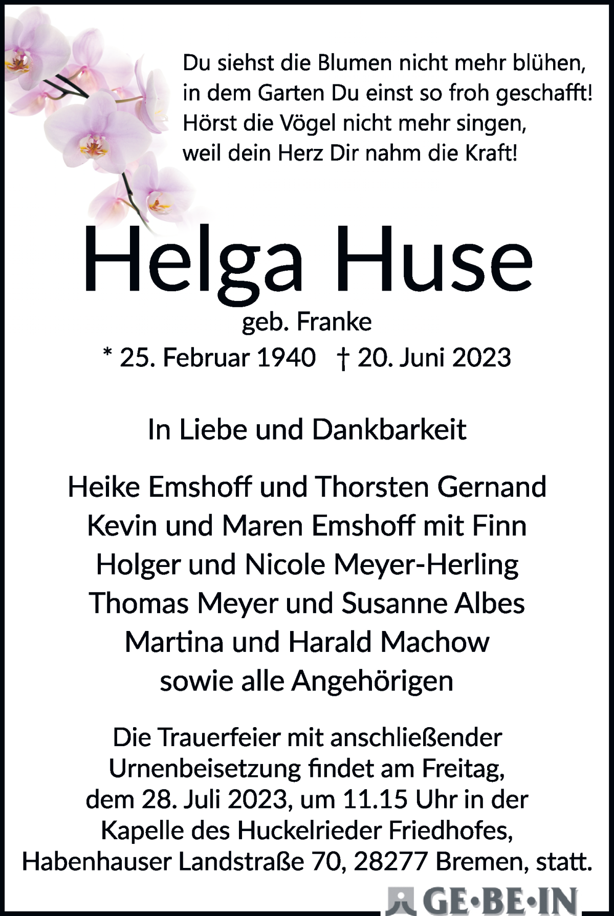 Traueranzeige von Helga Huse von WESER-KURIER