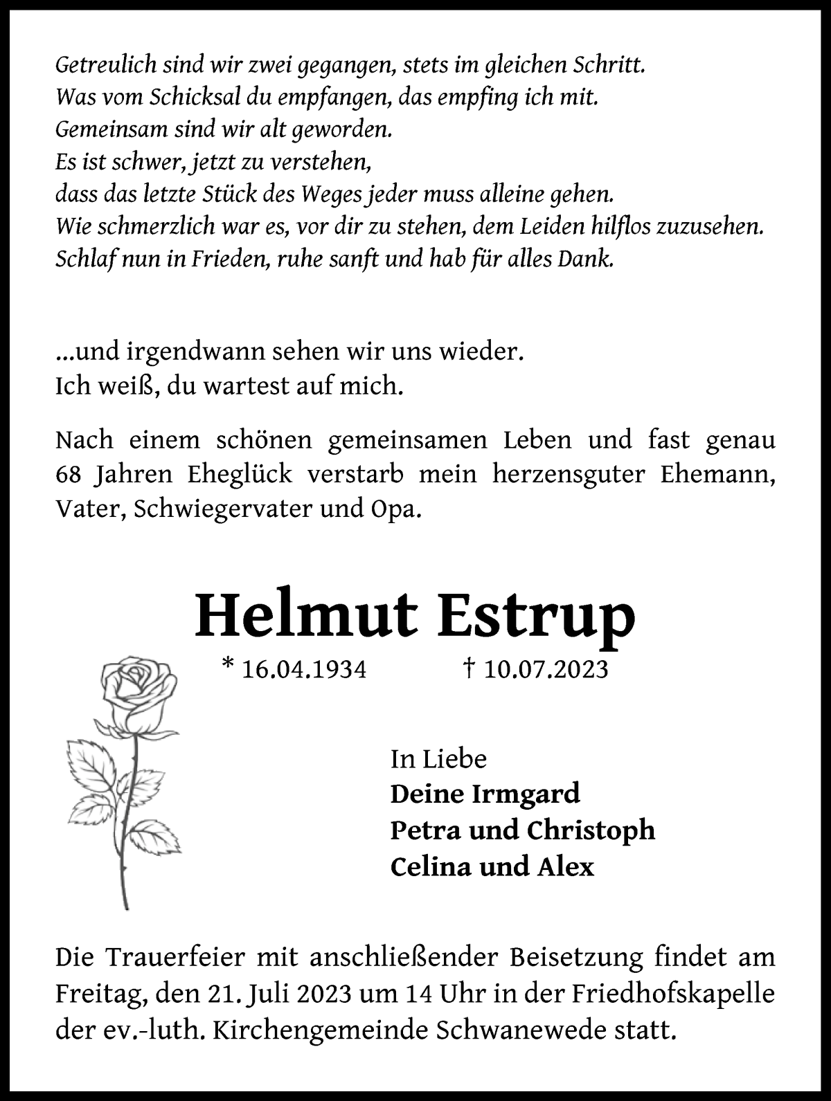 Traueranzeige von Helmut Estrup von Die Norddeutsche