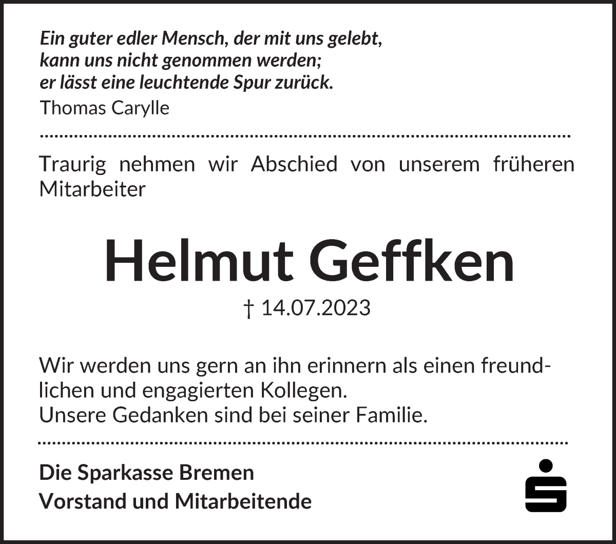 Traueranzeige von Helmut Geffken von WESER-KURIER