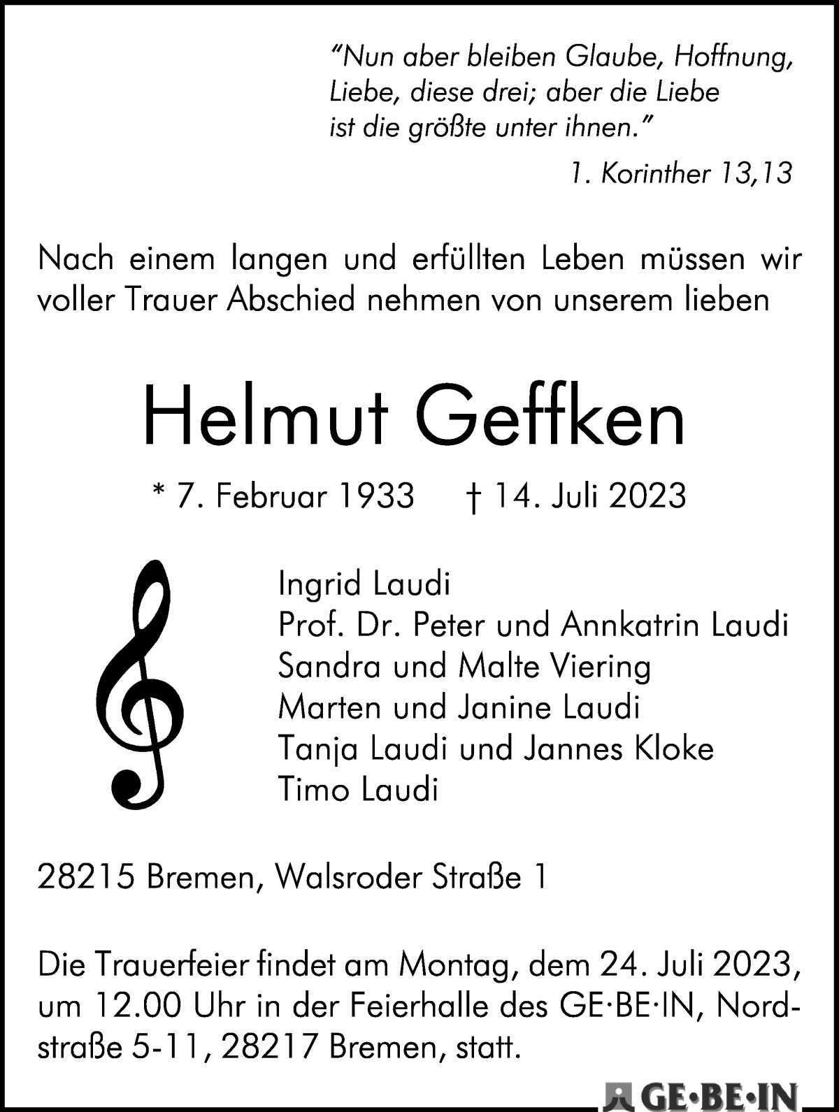 Traueranzeige von Helmut Geffken von WESER-KURIER