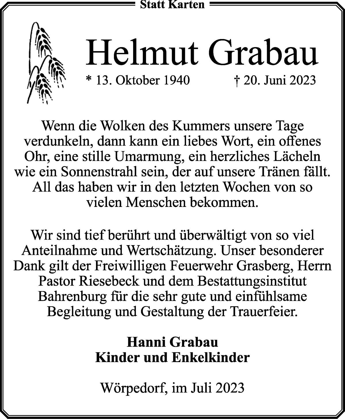 Traueranzeige von Helmut Grabau von Wuemme Zeitung