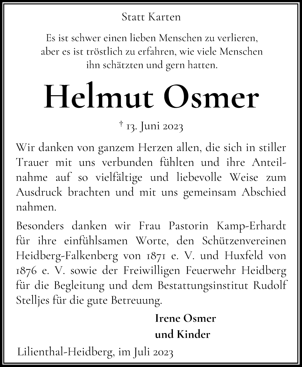 Traueranzeige von Helmut Osmer von Wuemme Zeitung