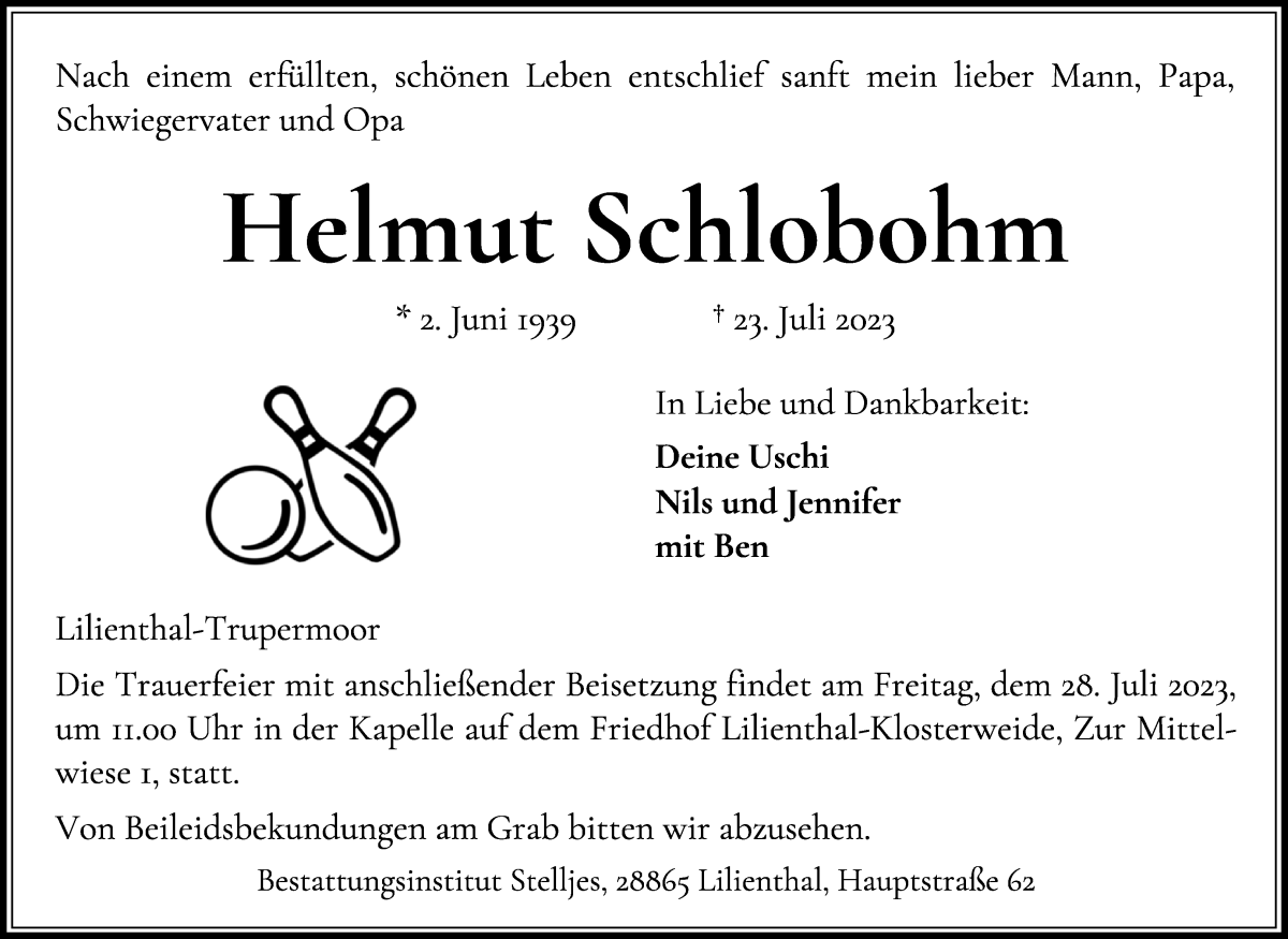 Traueranzeige von Helmut Schlobohm von Wuemme Zeitung