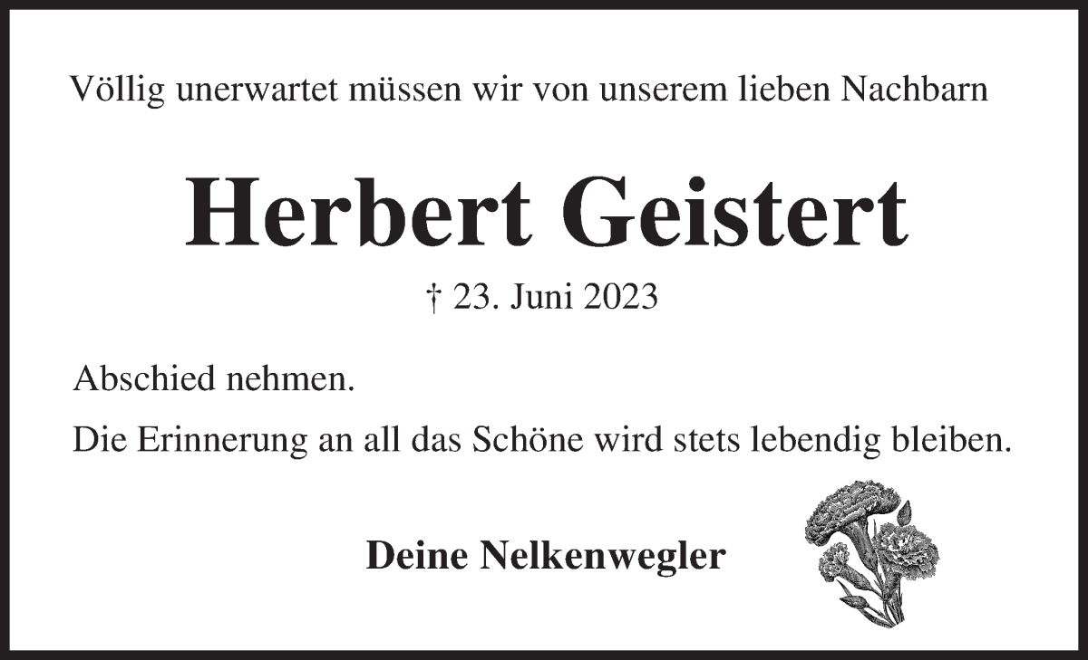 Traueranzeige von Herbert Geistert von Osterholzer Kreisblatt