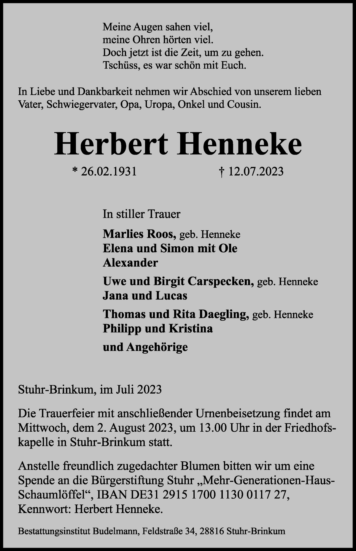 Traueranzeige von Herbert Henneke von Regionale Rundschau/Syker Kurier