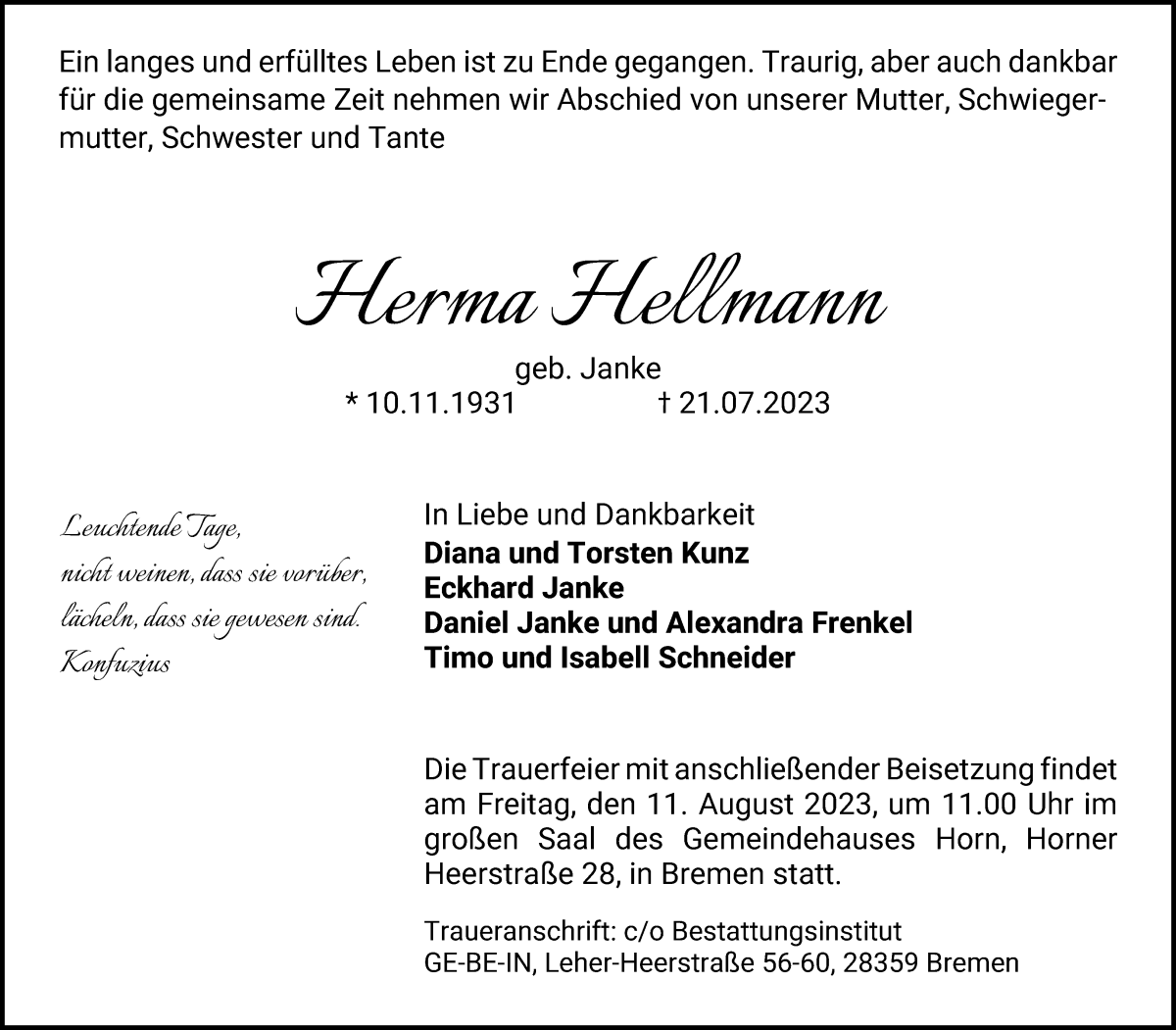 Traueranzeige von Herma Hellmann von WESER-KURIER