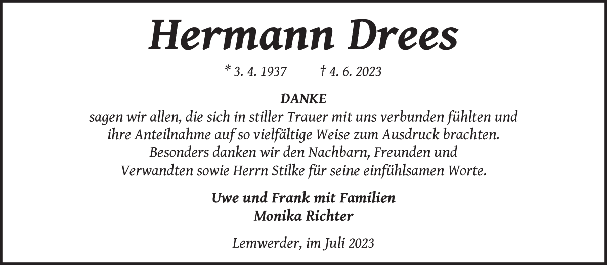 Traueranzeige von Hermann Drees von Die Norddeutsche