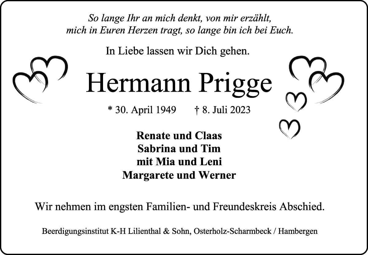 Traueranzeige von Hermann Prigge von Osterholzer Kreisblatt