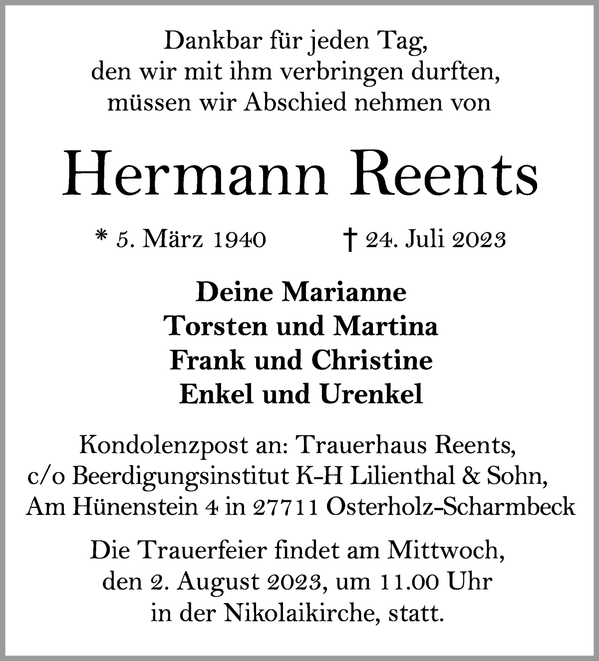 Traueranzeige von Hermann Reents von WESER-KURIER