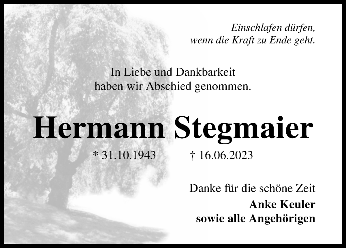Traueranzeige von Hermann Stegmaier von Die Norddeutsche