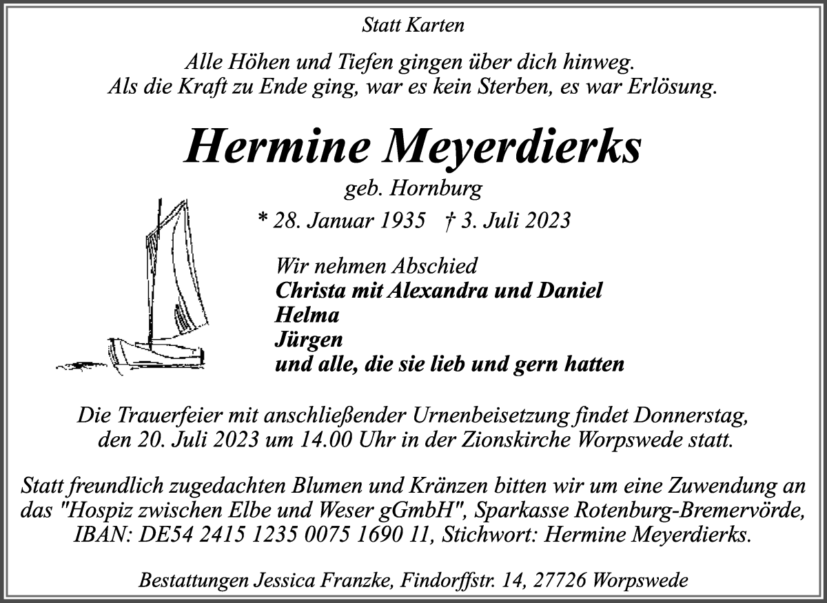 Traueranzeige von Hermine Meyerdierks von Wuemme Zeitung