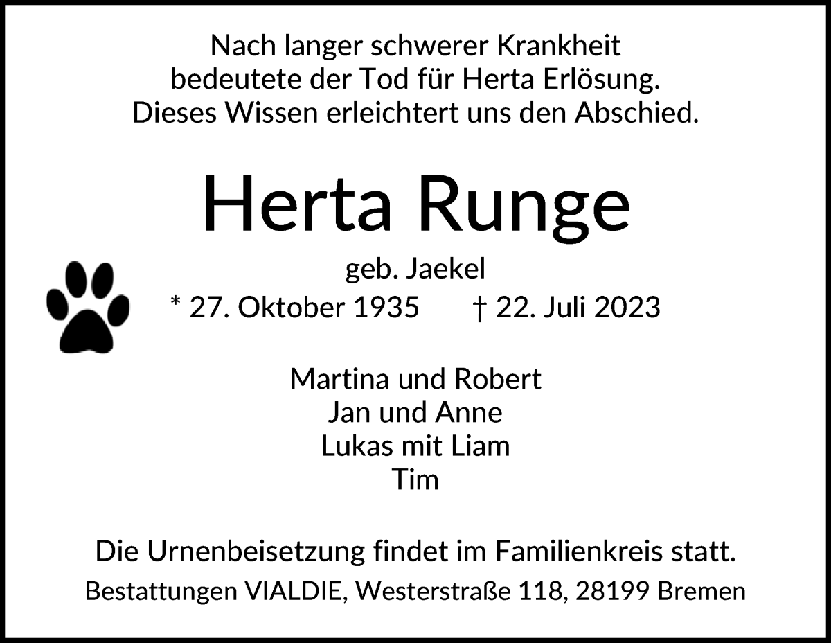 Traueranzeige von Herta Runge von WESER-KURIER