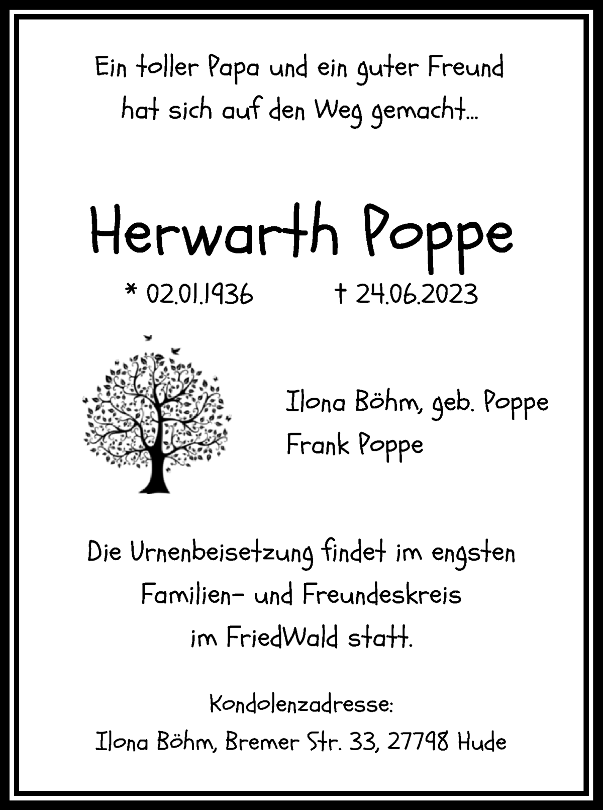 Traueranzeige von Herwarth Poppe von WESER-KURIER