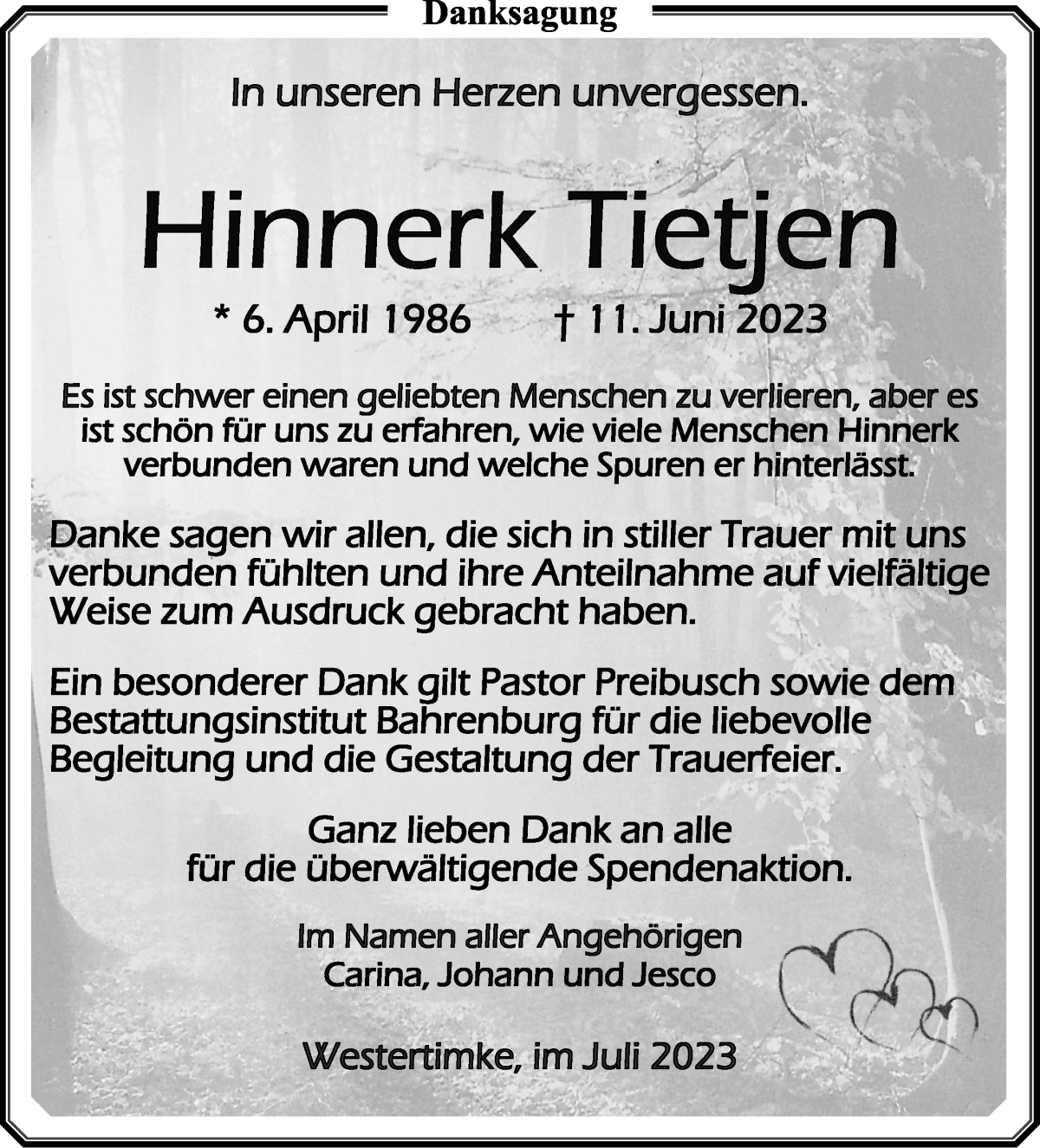 Traueranzeige von Hinnerk Tietjen von Wuemme Zeitung