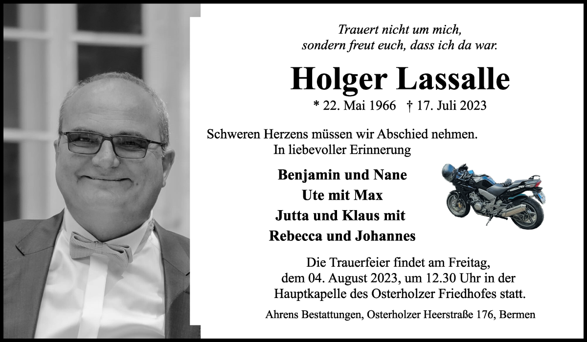 Traueranzeige von Holger Lasalle von WESER-KURIER
