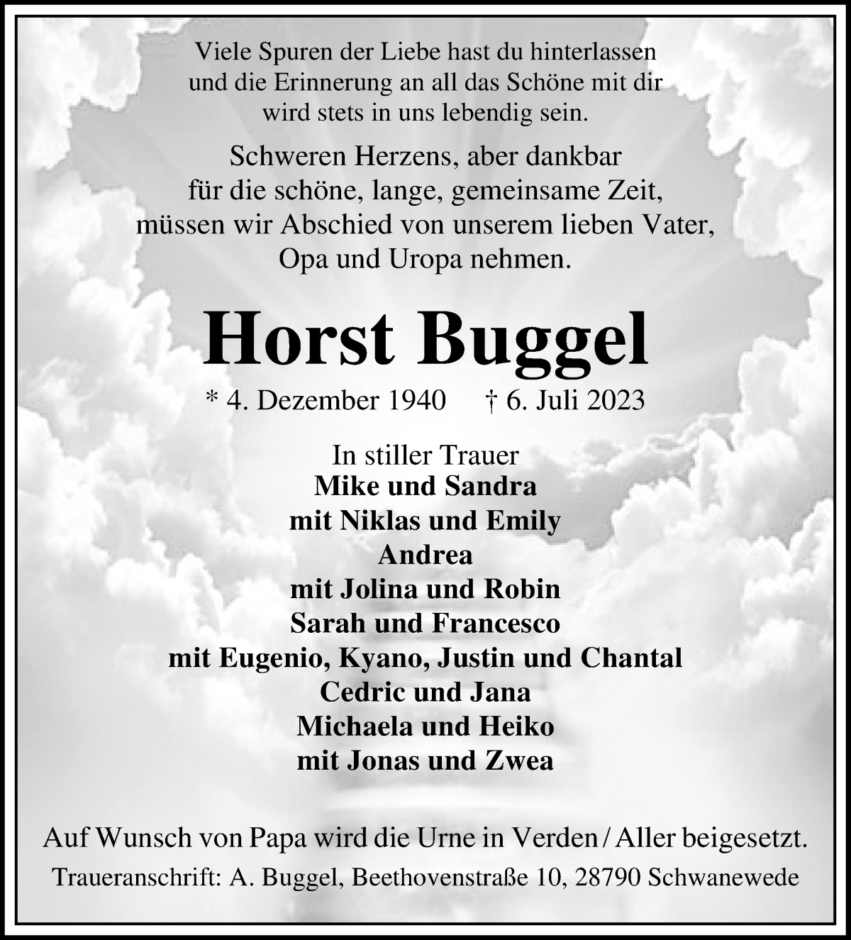 Traueranzeige von Horst Buggel von Die Norddeutsche