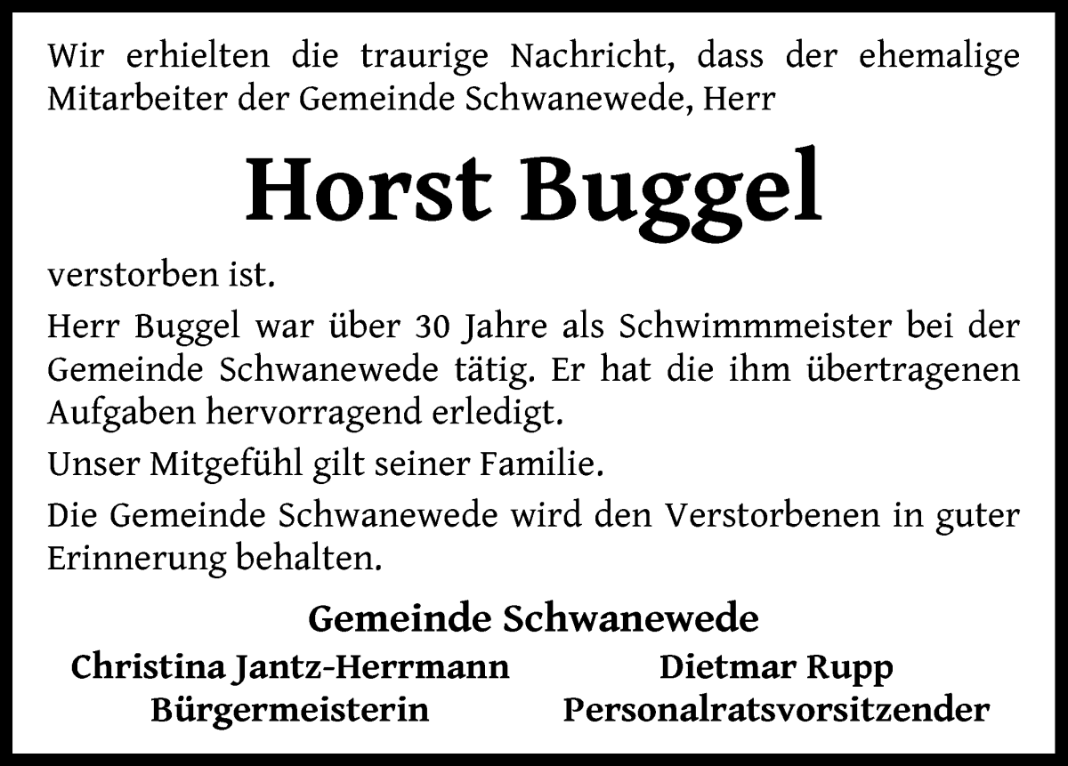 Traueranzeige von Horst Buggel von Die Norddeutsche