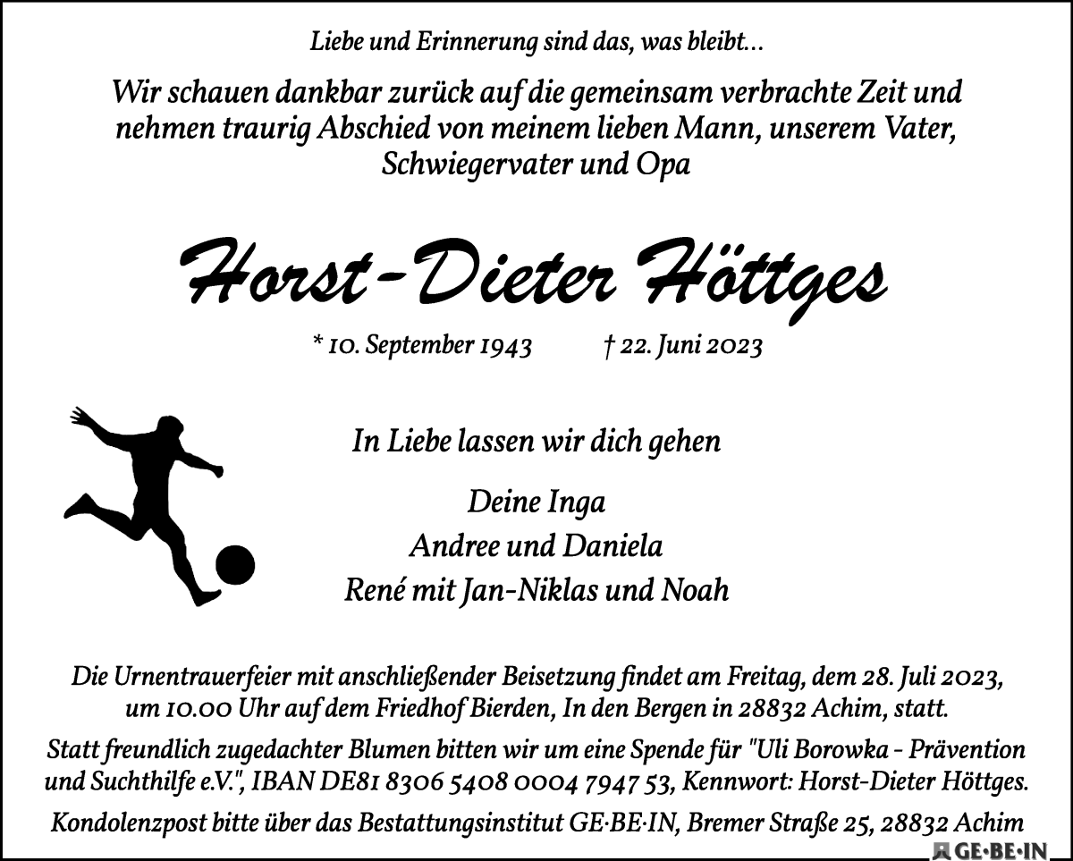 Traueranzeige von Horst-Dieter Höttges von WESER-KURIER
