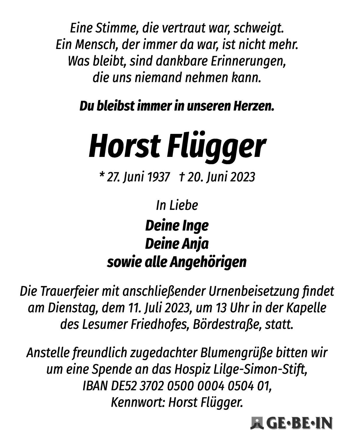 Traueranzeige von Horst Flügger von Die Norddeutsche