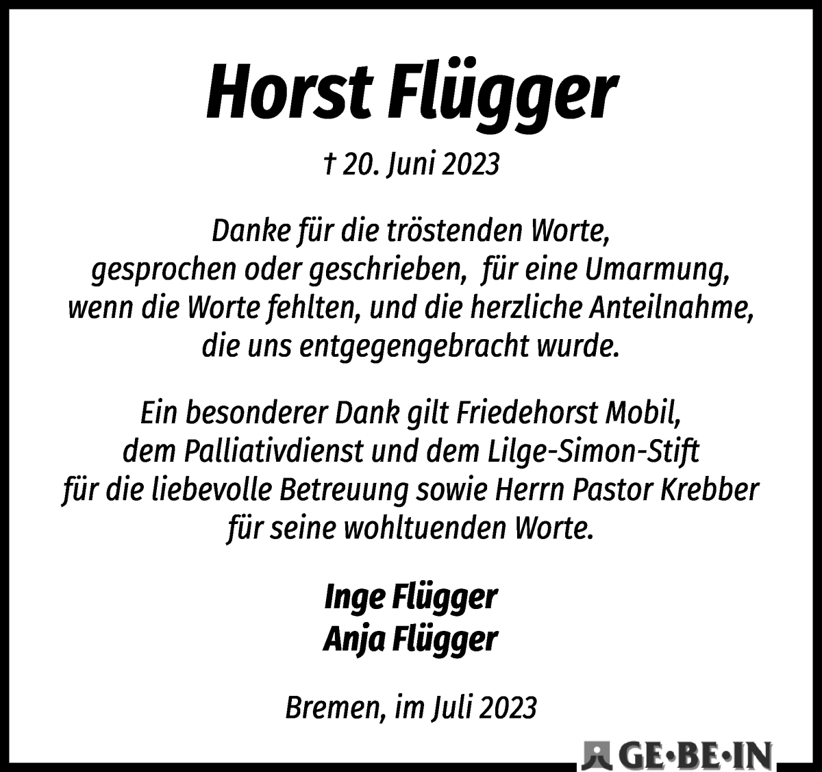 Traueranzeige von Horst Flügger von Die Norddeutsche