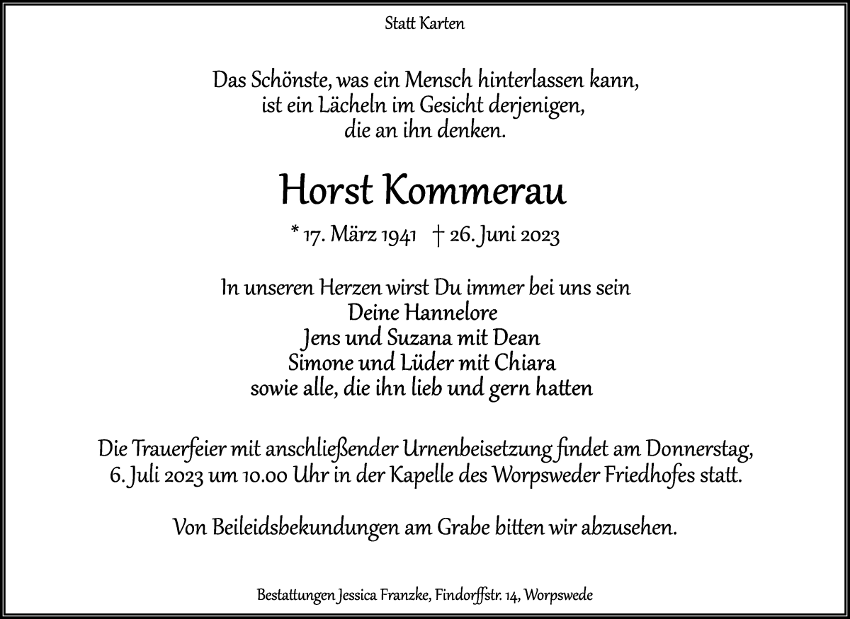 Traueranzeige von Horst Kommerau von Wuemme Zeitung