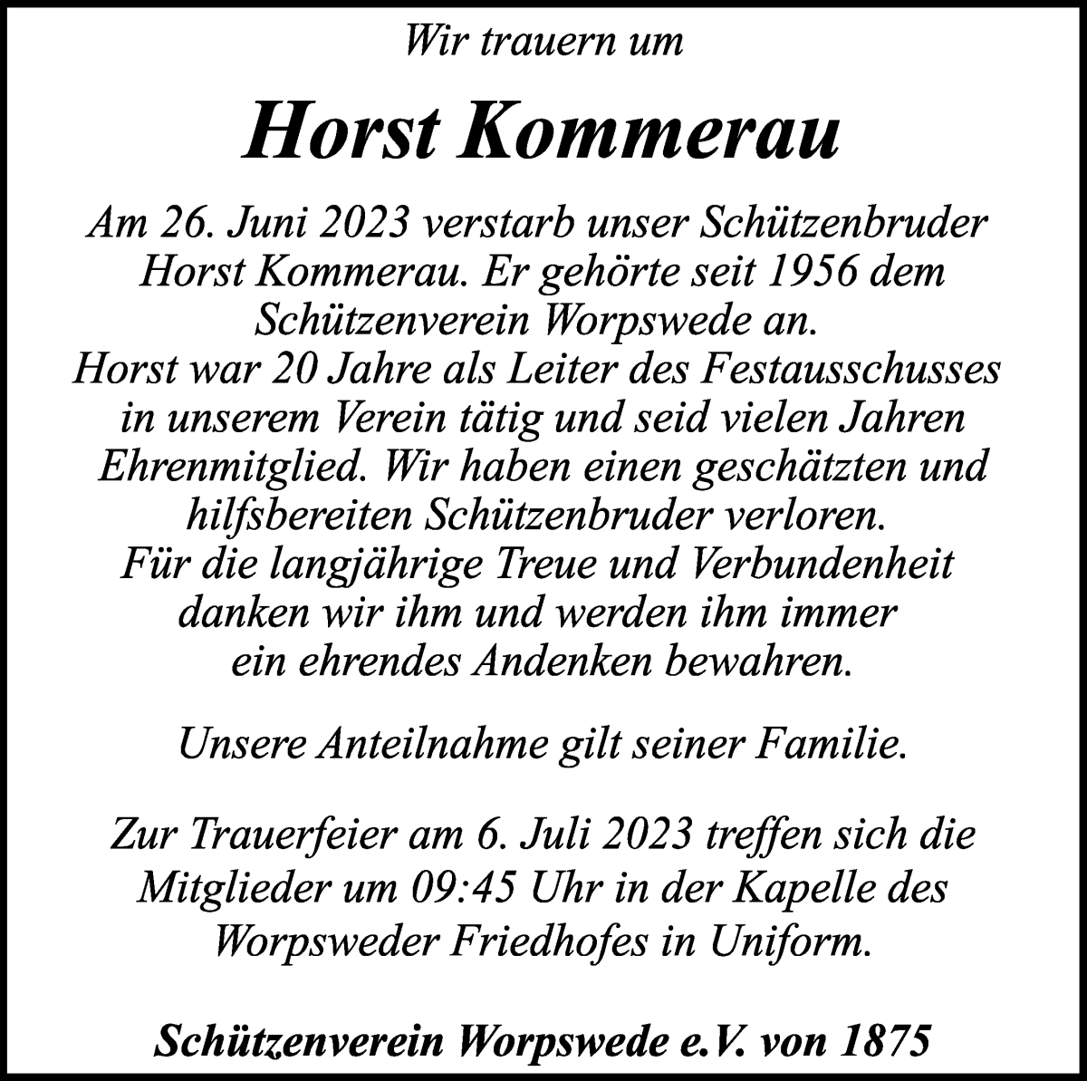 Traueranzeige von Horst Kommerau von Wuemme Zeitung