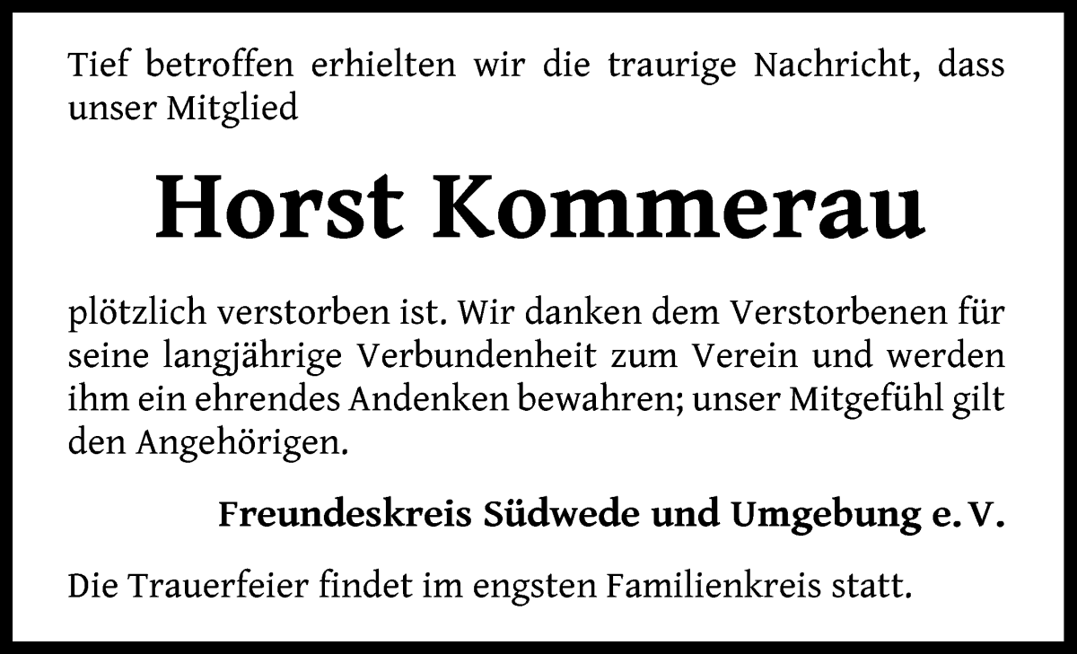 Traueranzeige von Horst Kommerau von Wuemme Zeitung