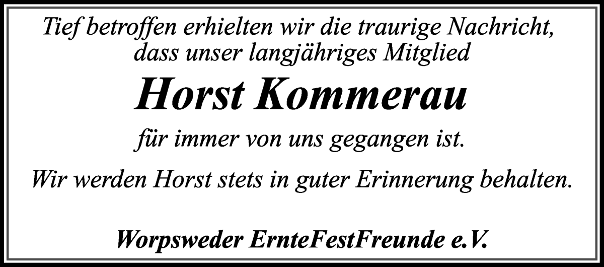 Traueranzeige von Horst Kommerau von Wuemme Zeitung