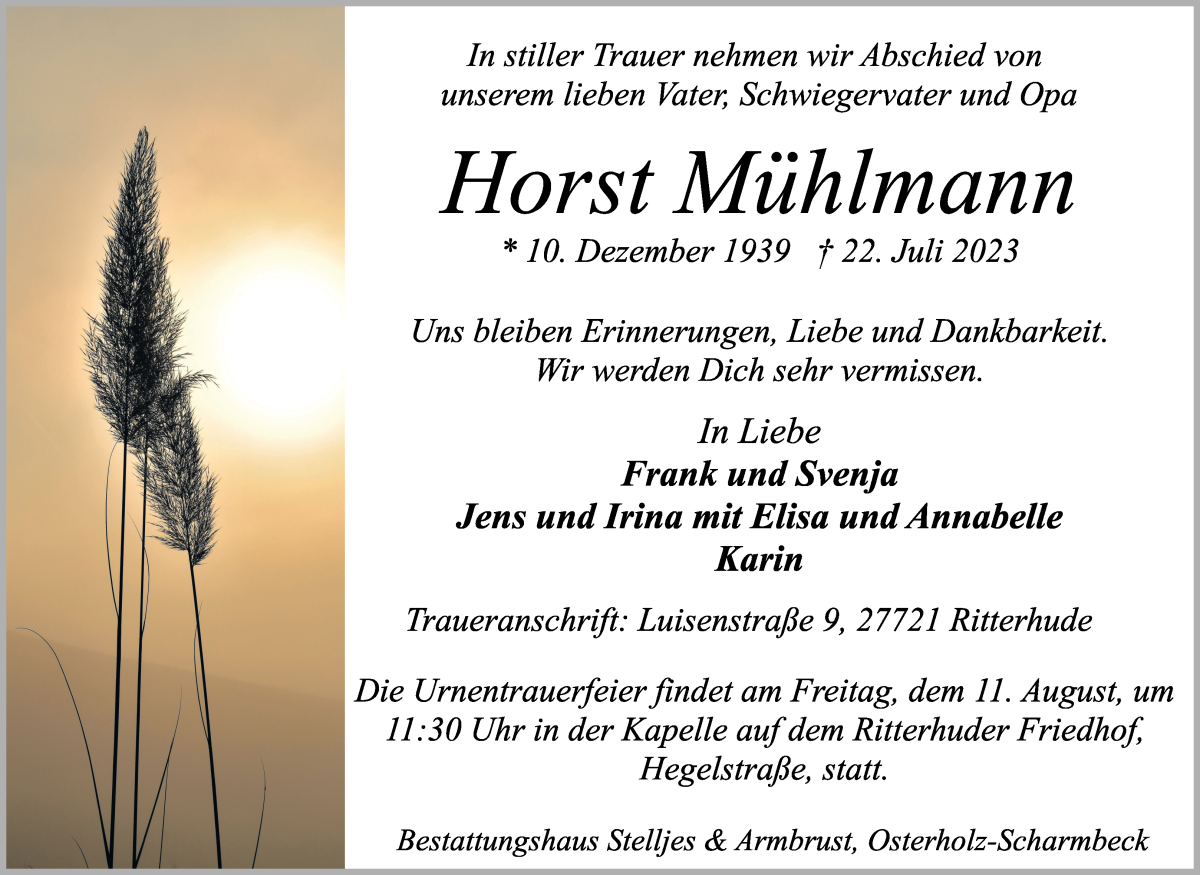 Traueranzeige von Horst Mühlmann von WESER-KURIER