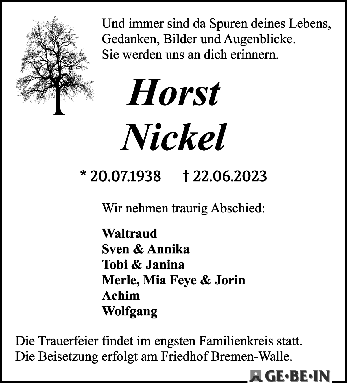 Traueranzeige von Horst Nickel von WESER-KURIER