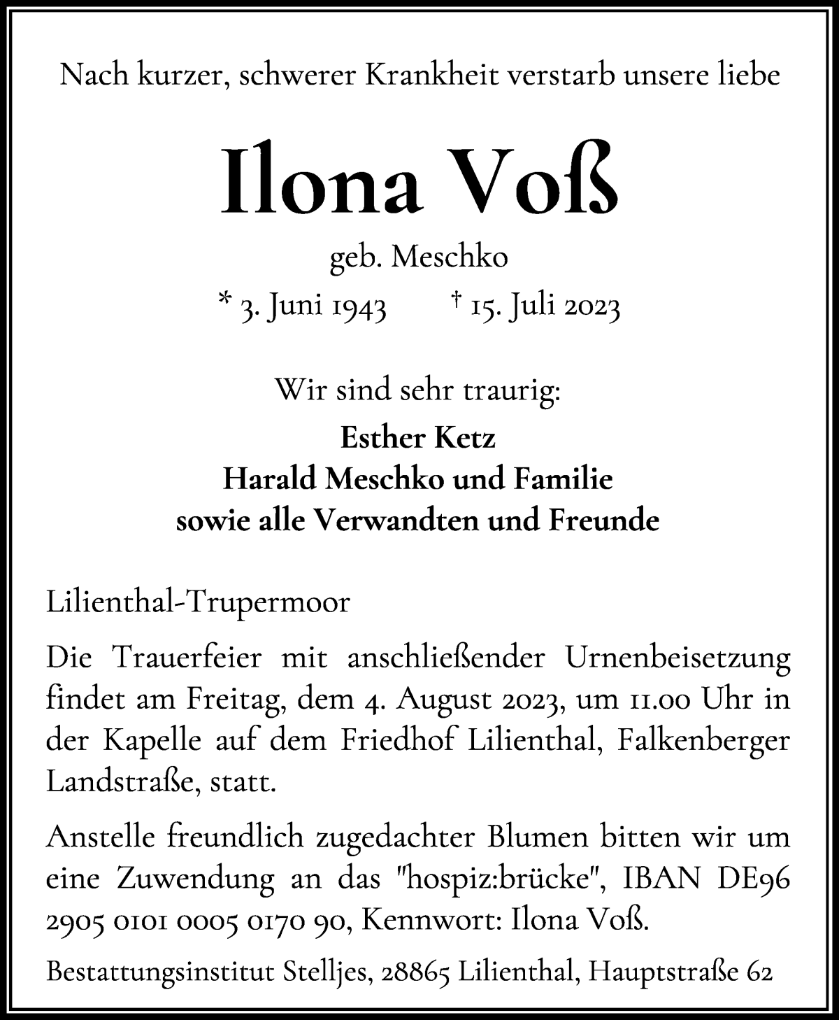 Traueranzeige von Ilona Voß von WESER-KURIER