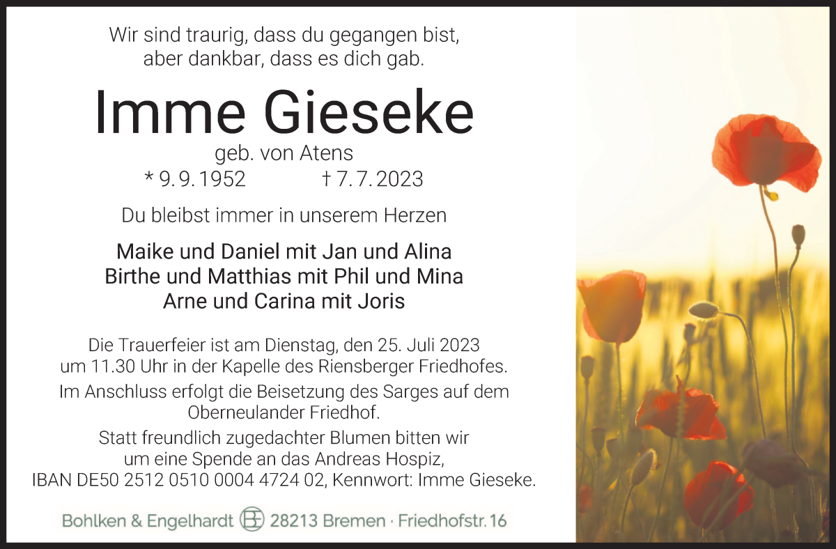 Traueranzeige von Imme Gieseke von WESER-KURIER