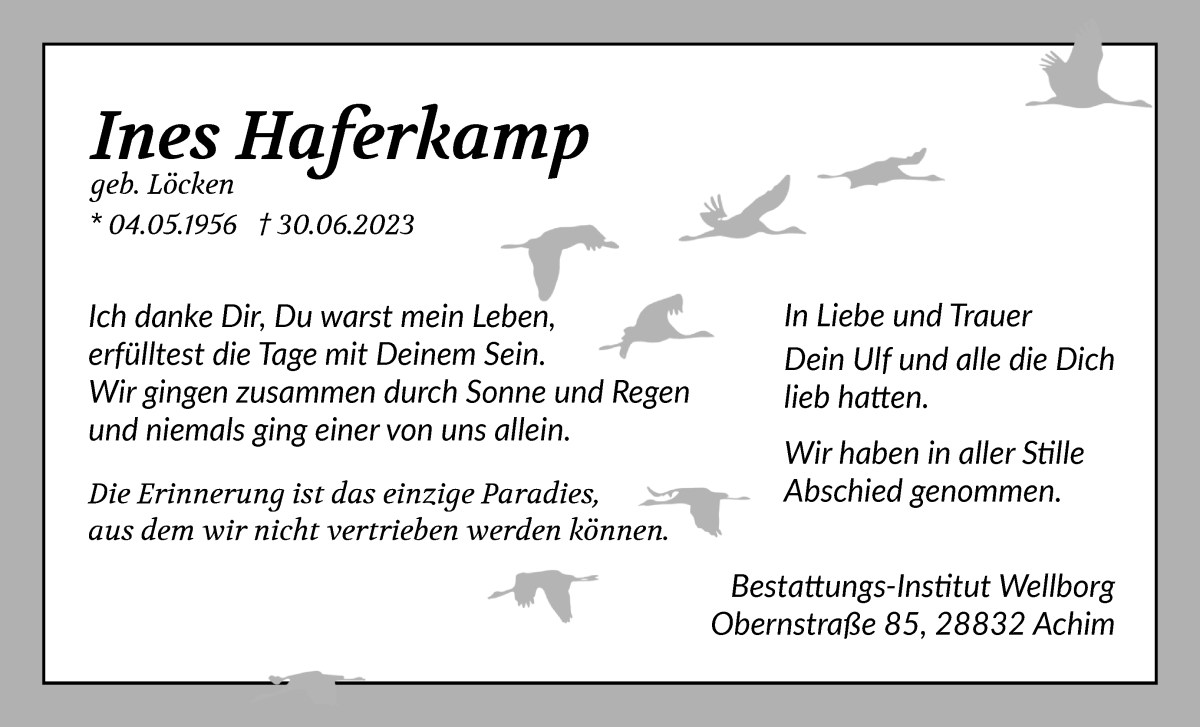 Traueranzeige von Ines Haferkamp von Achimer Kurier/Verdener Nachrichten