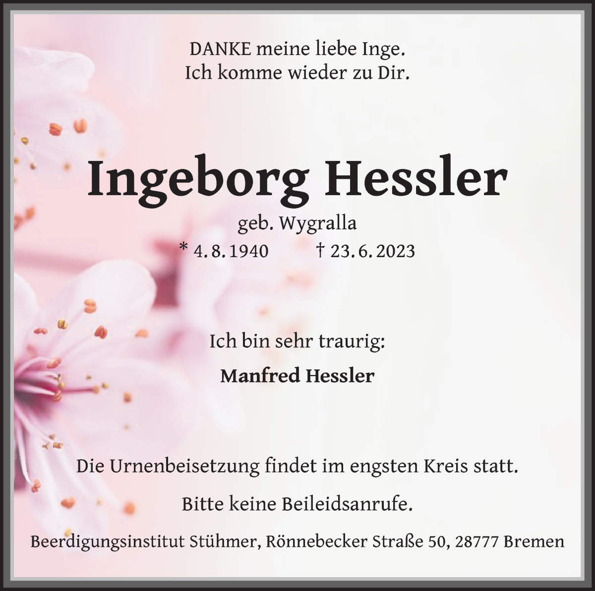 Traueranzeige von Ingeborg Hessler von Die Norddeutsche