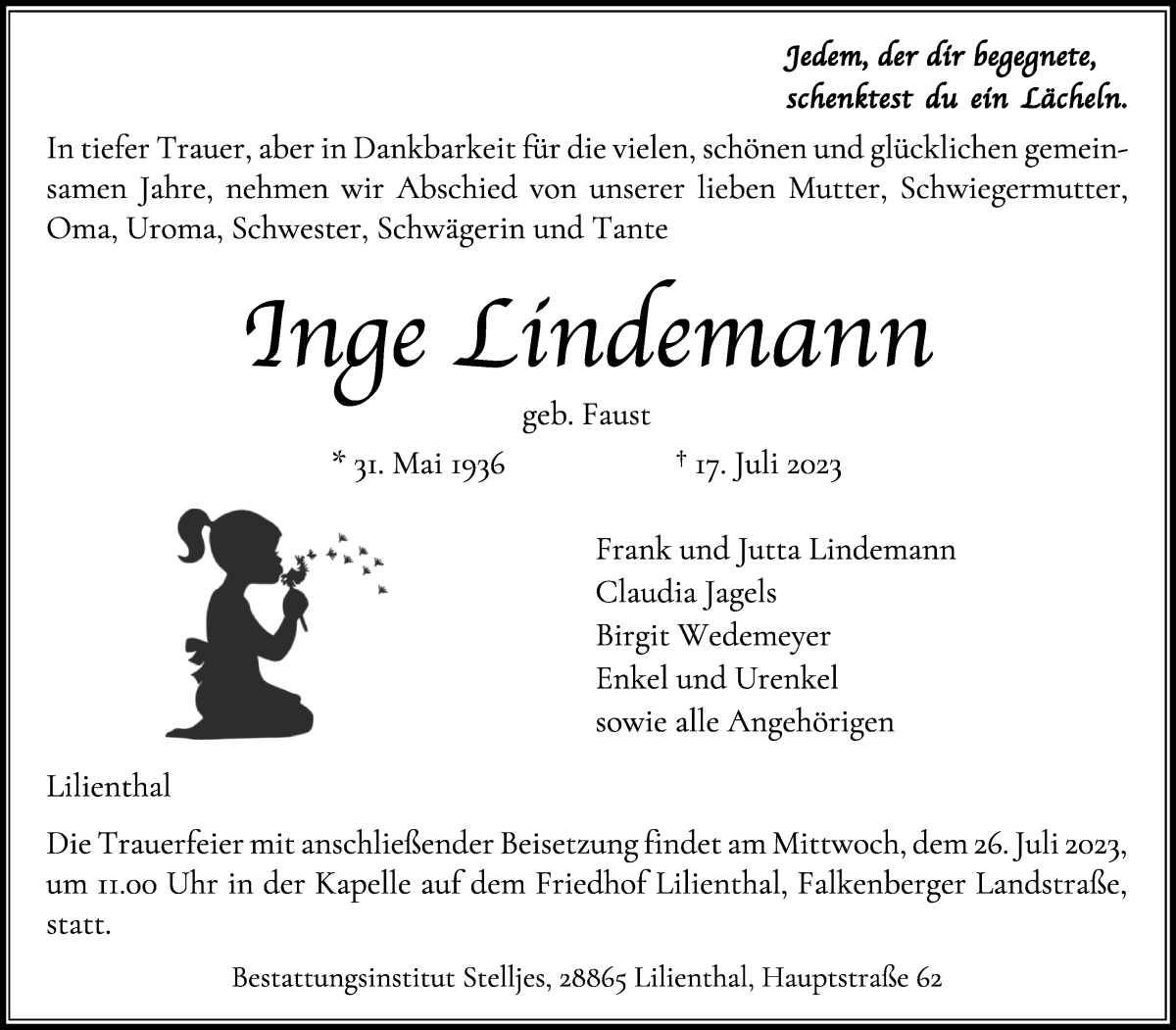 Traueranzeige von Ingeborg Lindemann von Wuemme Zeitung