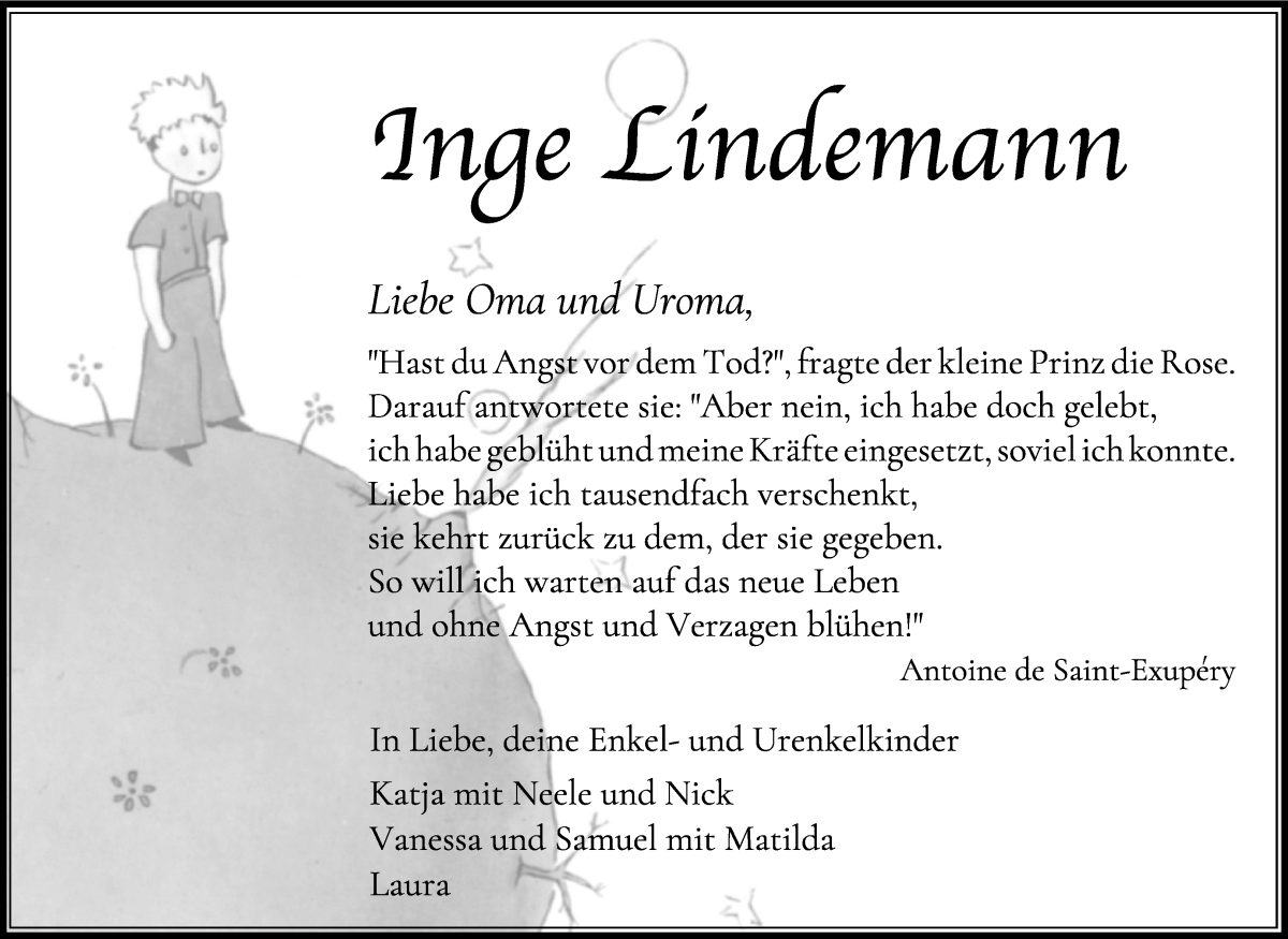 Traueranzeige von Ingeborg Lindemann von Wuemme Zeitung